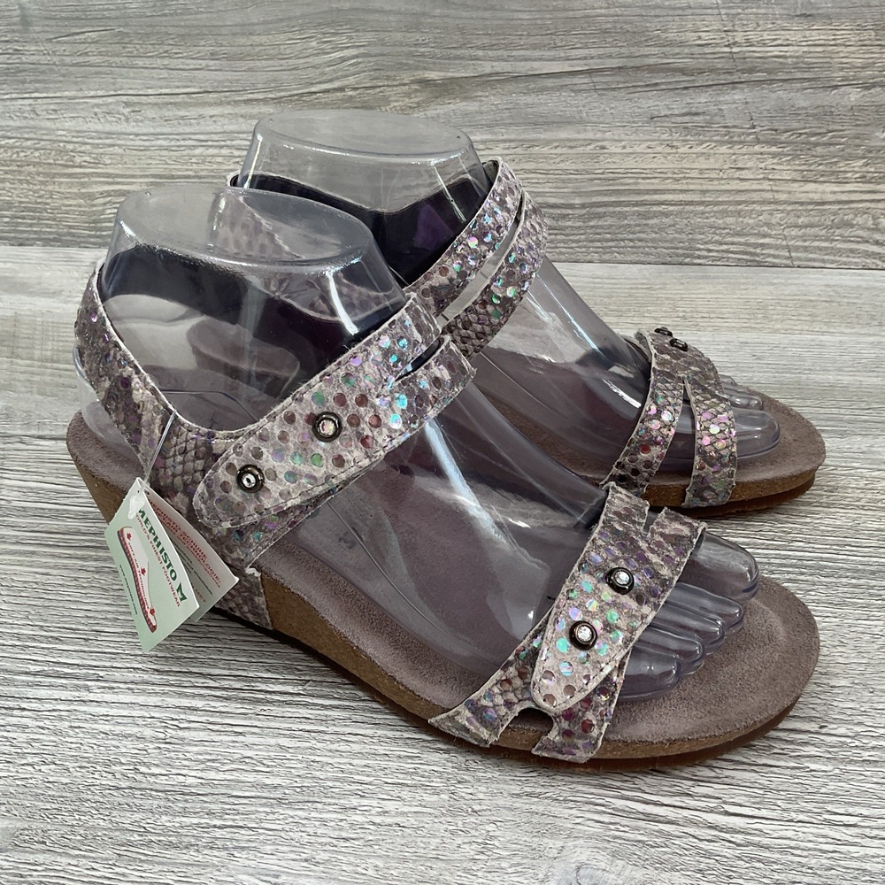 Mephisto Minoa Iridescent Snake Print Gray Leather Wedge Sandals Women's 37 US 7